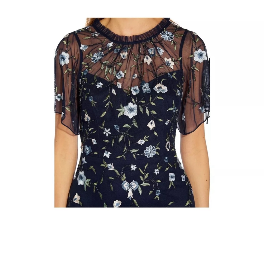 Adrianna Papell Long Beaded Boho Gown, Navy Blue With Embroidered Flowers